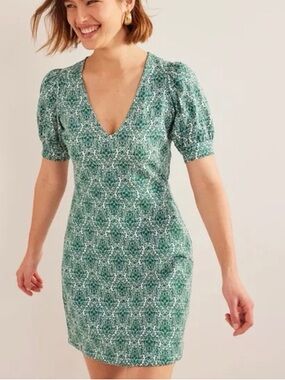 Boden Green White Printed V-Neck Puff Sleeve Dress 100% Cotton